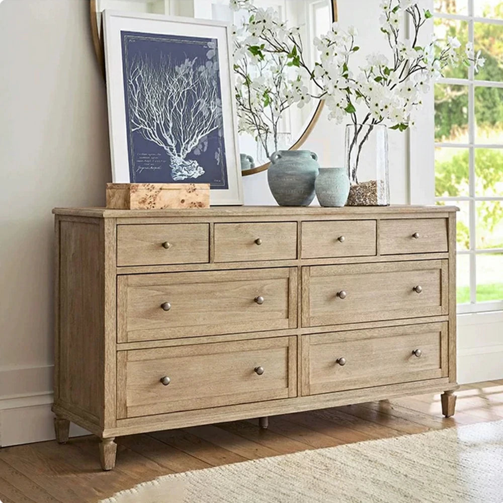 LUXORA French Vintage Solid Wood 8-Drawer Chest - 160cm Bedroom Entryway Storage Cabinet - Natural Wood