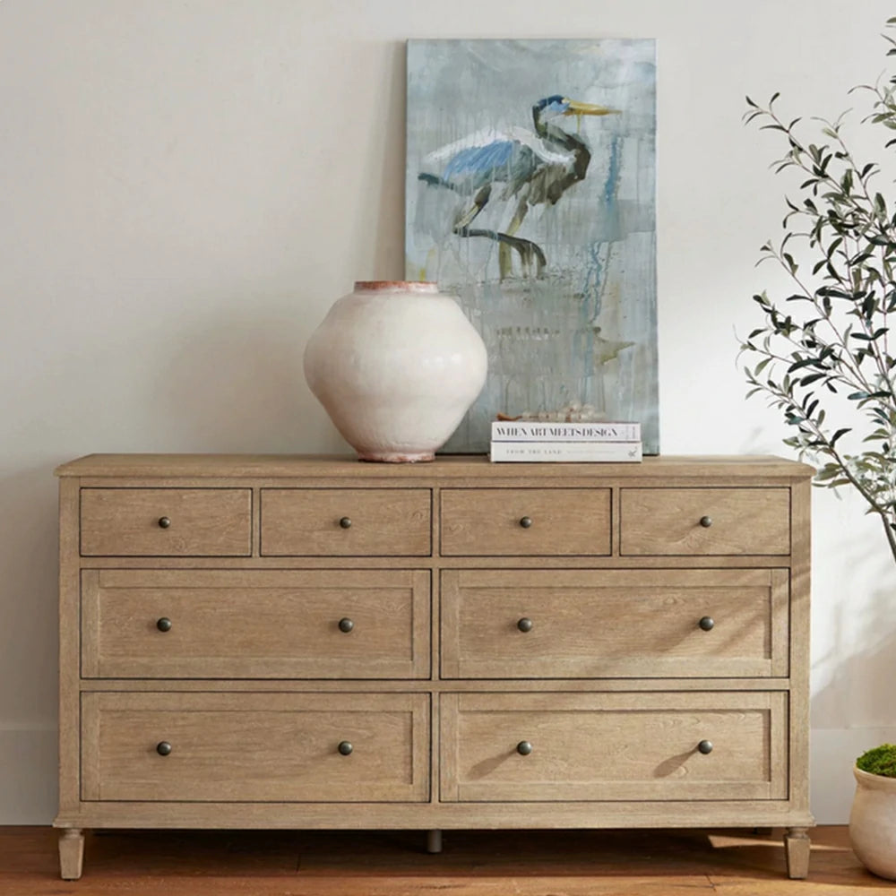 LUXORA French Vintage Solid Wood 8-Drawer Chest - 160cm Bedroom Entryway Storage Cabinet - Natural Wood