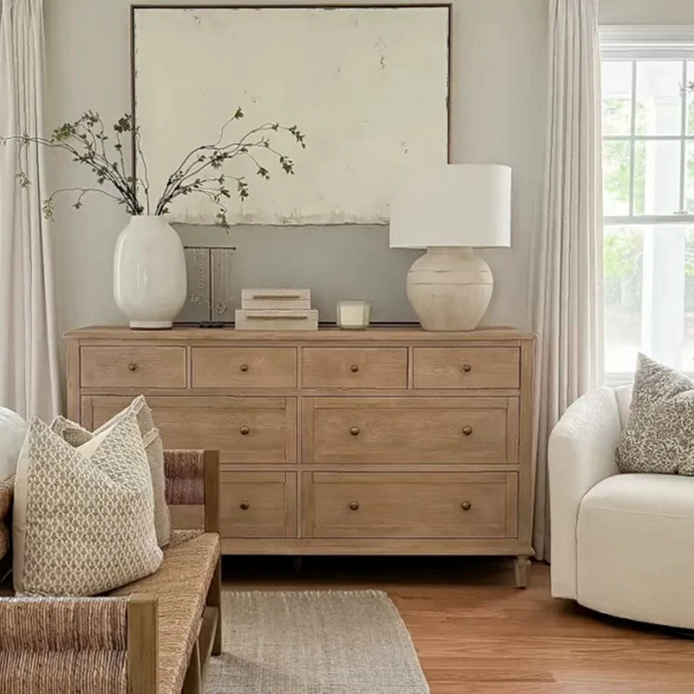 LUXORA French Vintage Solid Wood 8-Drawer Chest - 160cm Bedroom Entryway Storage Cabinet - Natural Wood