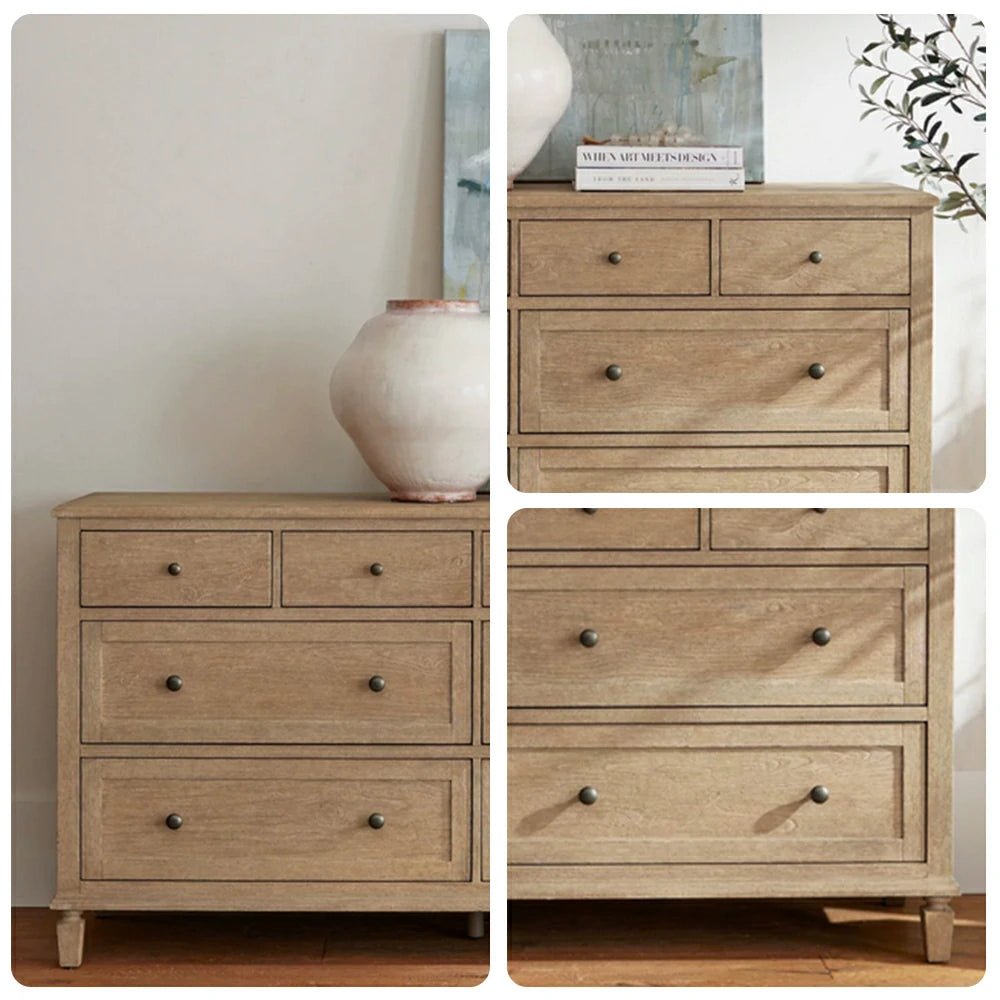 LUXORA French Vintage Solid Wood 8-Drawer Chest - 160cm Bedroom Entryway Storage Cabinet - Natural Wood