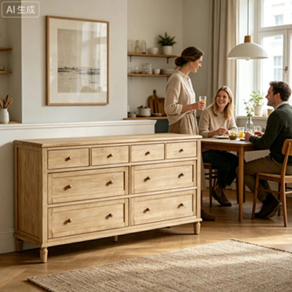 LUXORA French Vintage Solid Wood 8-Drawer Chest - 160cm Bedroom Entryway Storage Cabinet - Natural Wood