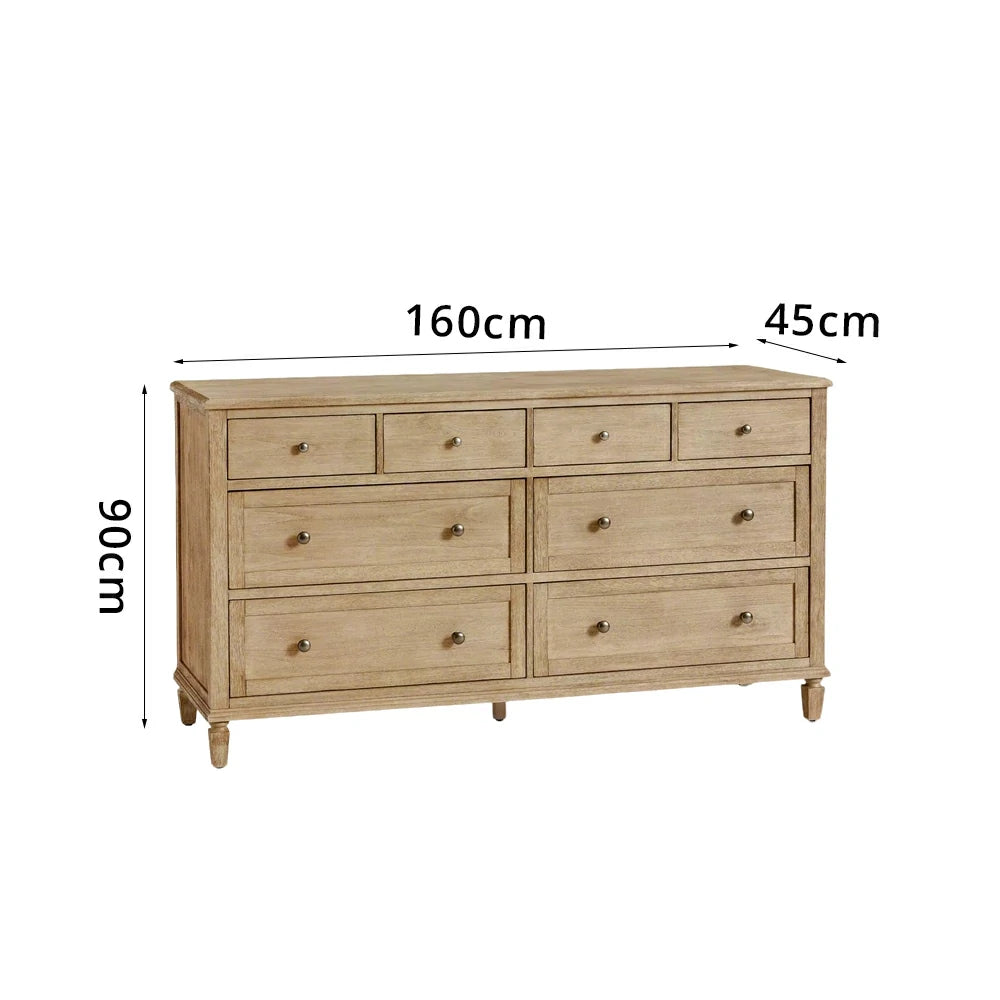 LUXORA French Vintage Solid Wood 8-Drawer Chest - 160cm Bedroom Entryway Storage Cabinet - Natural Wood