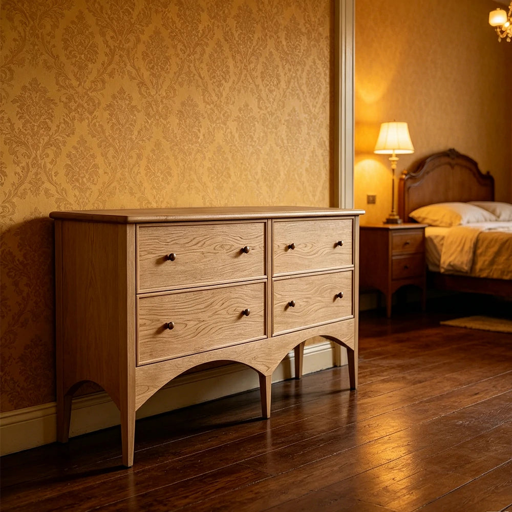 LUXORA French Natural Solid Wood 4-Drawer Entryway Cabinet - 160cm Hallway Storage Sideboard - Natural Wood