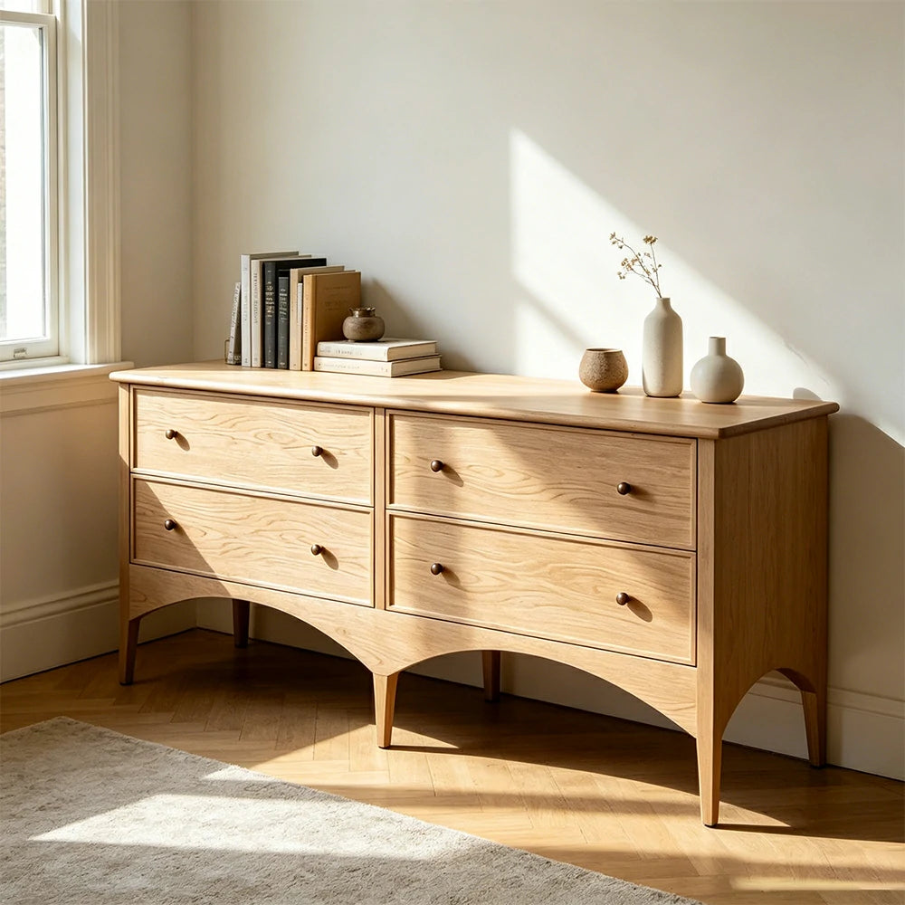 LUXORA French Natural Solid Wood 4-Drawer Entryway Cabinet - 160cm Hallway Storage Sideboard - Natural Wood