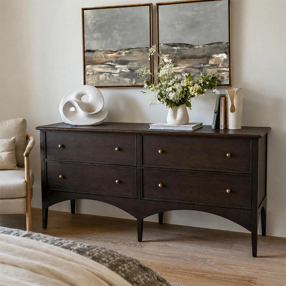 LUXORA French Natural Solid Wood 4-Drawer Entryway Cabinet - 160cm Hallway Storage Sideboard - Walnut