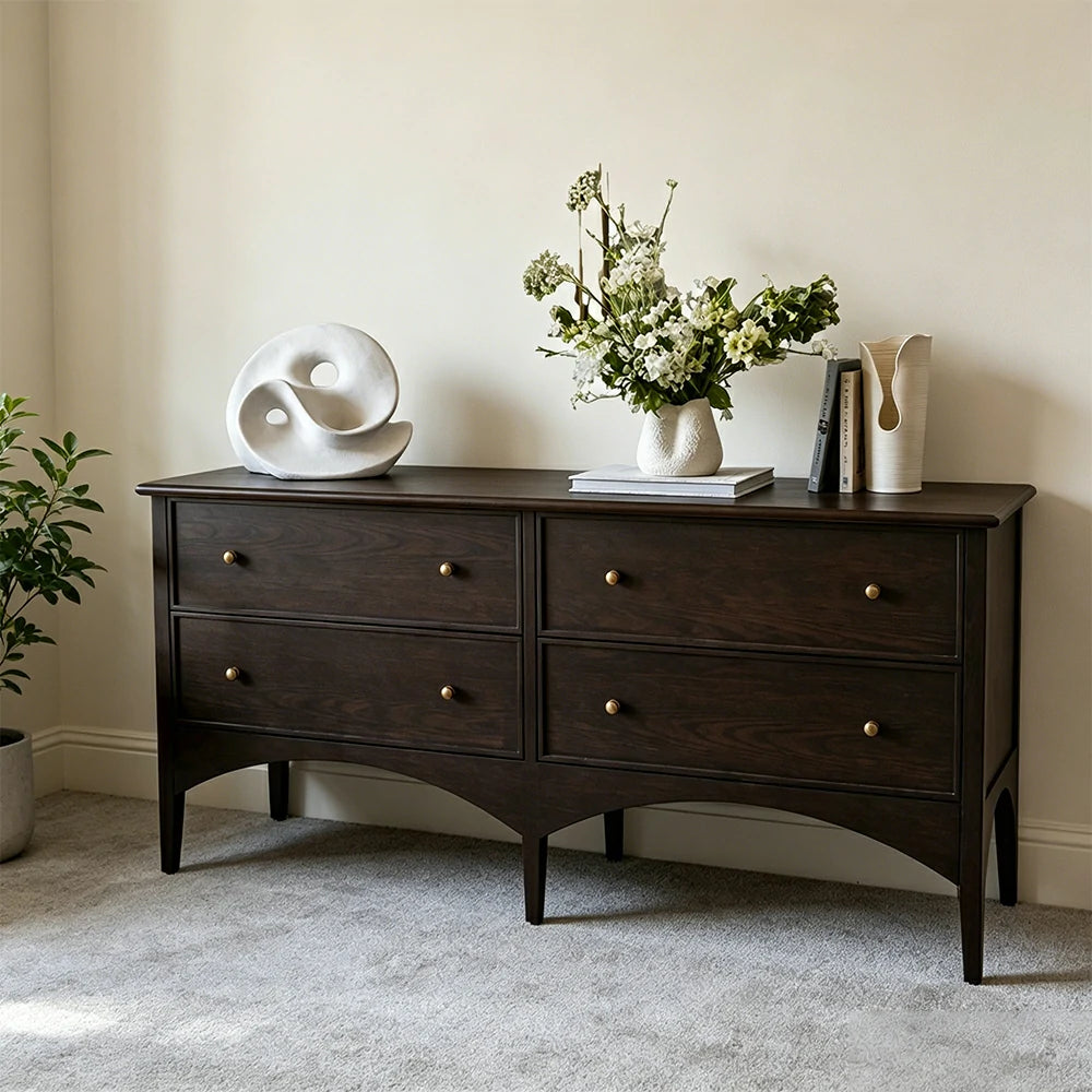 LUXORA French Natural Solid Wood 4-Drawer Entryway Cabinet - 160cm Hallway Storage Sideboard - Walnut