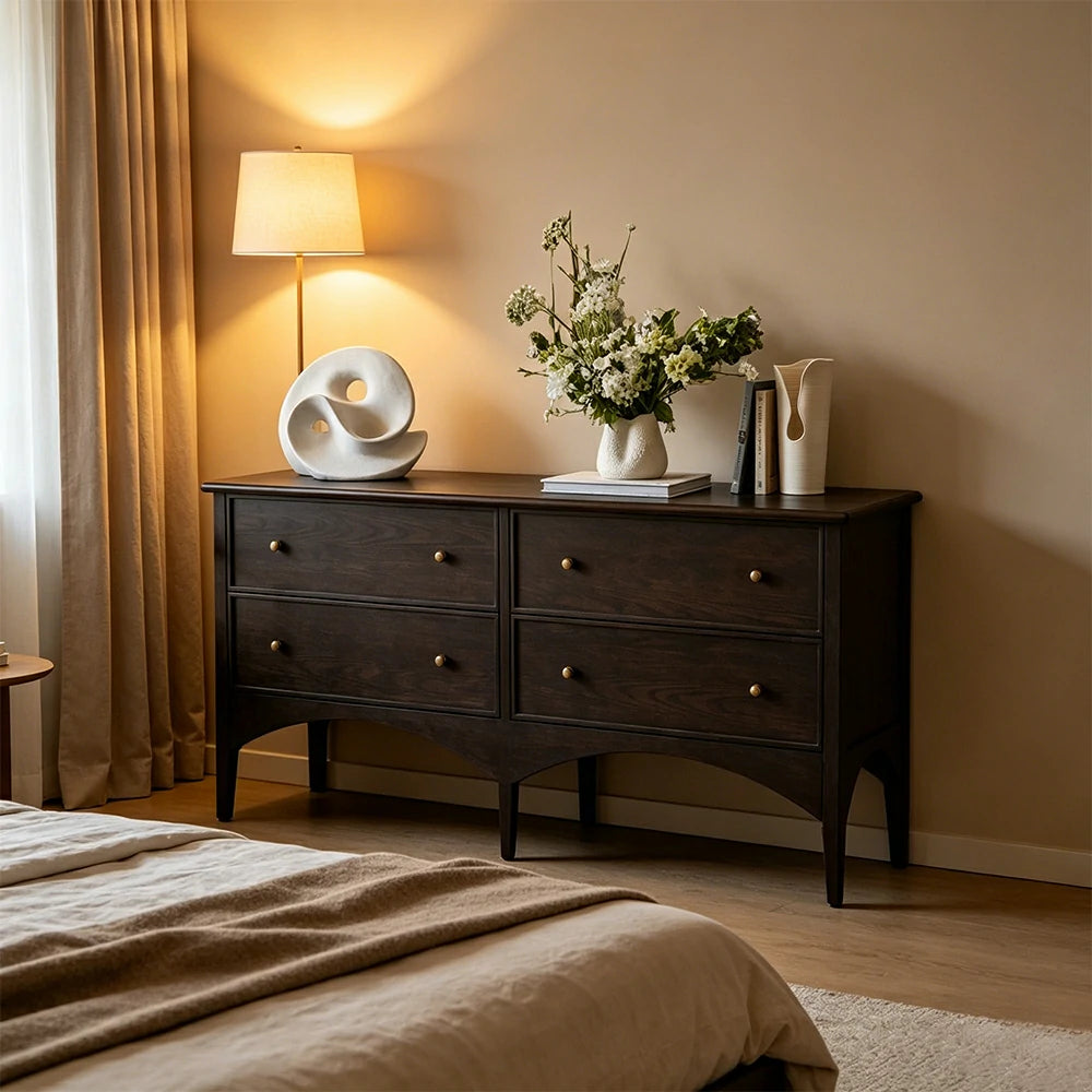 LUXORA French Natural Solid Wood 4-Drawer Entryway Cabinet - 160cm Hallway Storage Sideboard - Walnut