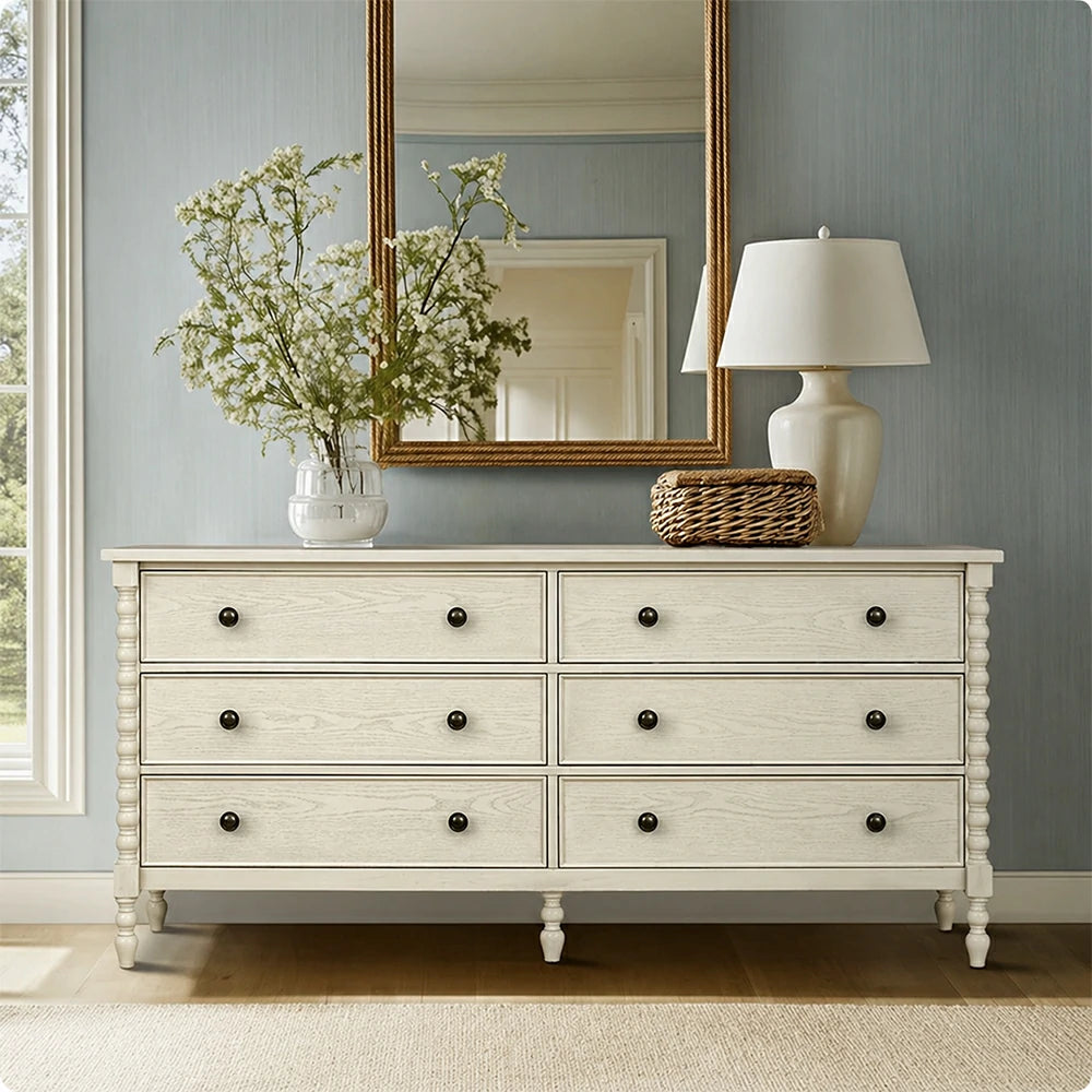 LUXORA French Vintage Solid Wood 6-Drawer Dresser - 178cm Bedroom Entryway Storage Cabinet - Natural Wood