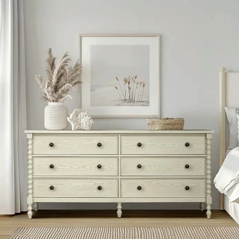 LUXORA French Vintage Solid Wood 6-Drawer Dresser - 178cm Bedroom Entryway Storage Cabinet - Natural Wood