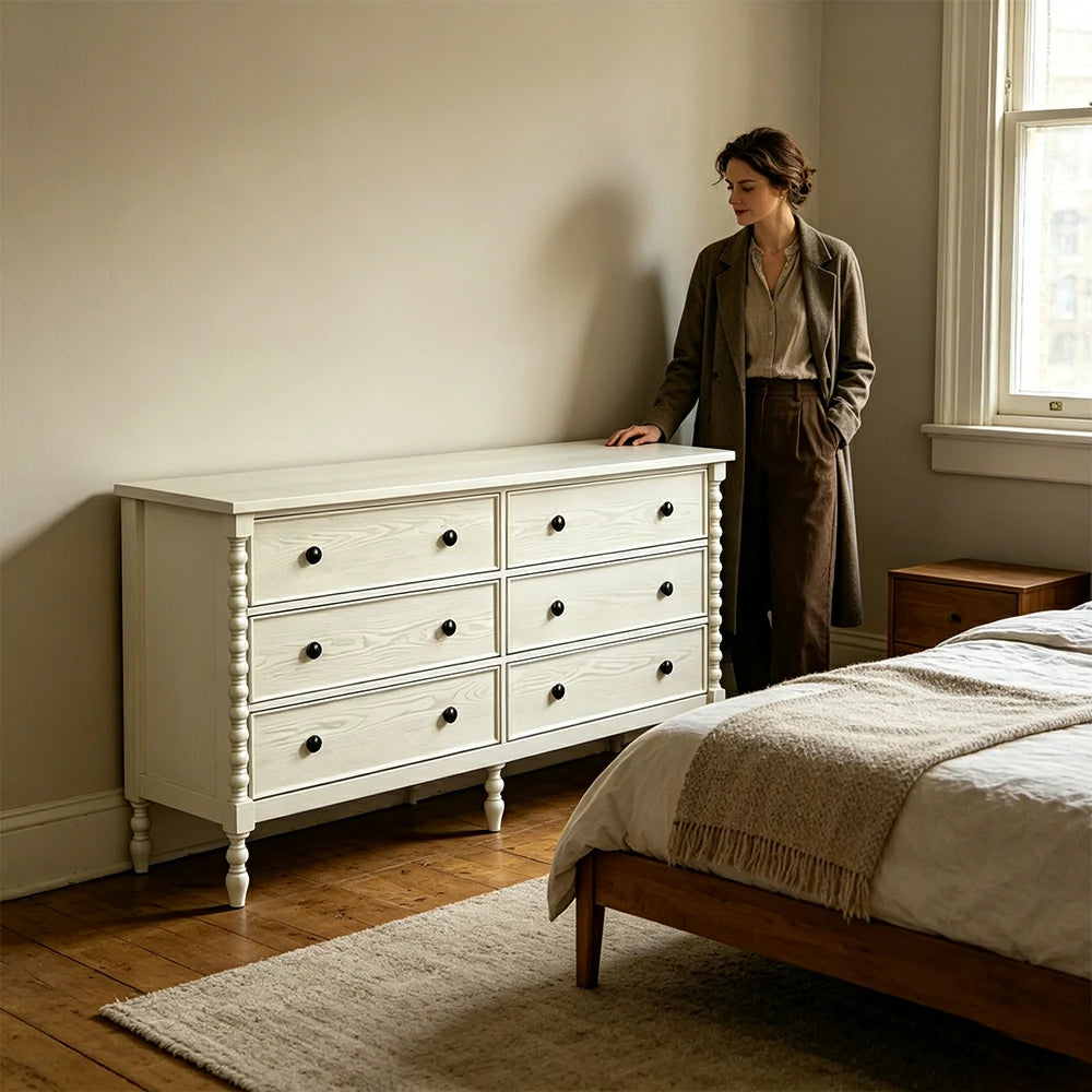 LUXORA French Vintage Solid Wood 6-Drawer Dresser - 178cm Bedroom Entryway Storage Cabinet - Natural Wood