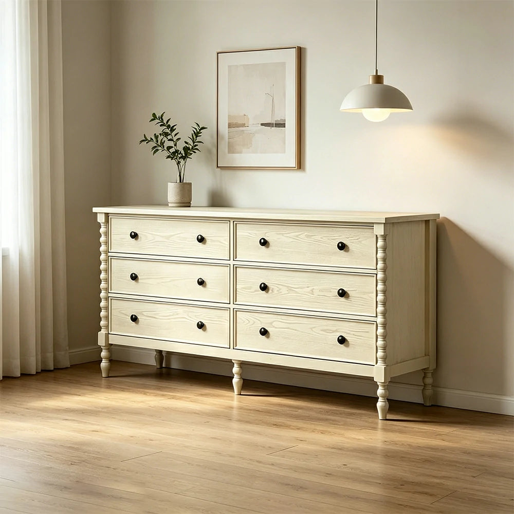 LUXORA French Vintage Solid Wood 6-Drawer Dresser - 178cm Bedroom Entryway Storage Cabinet - Natural Wood