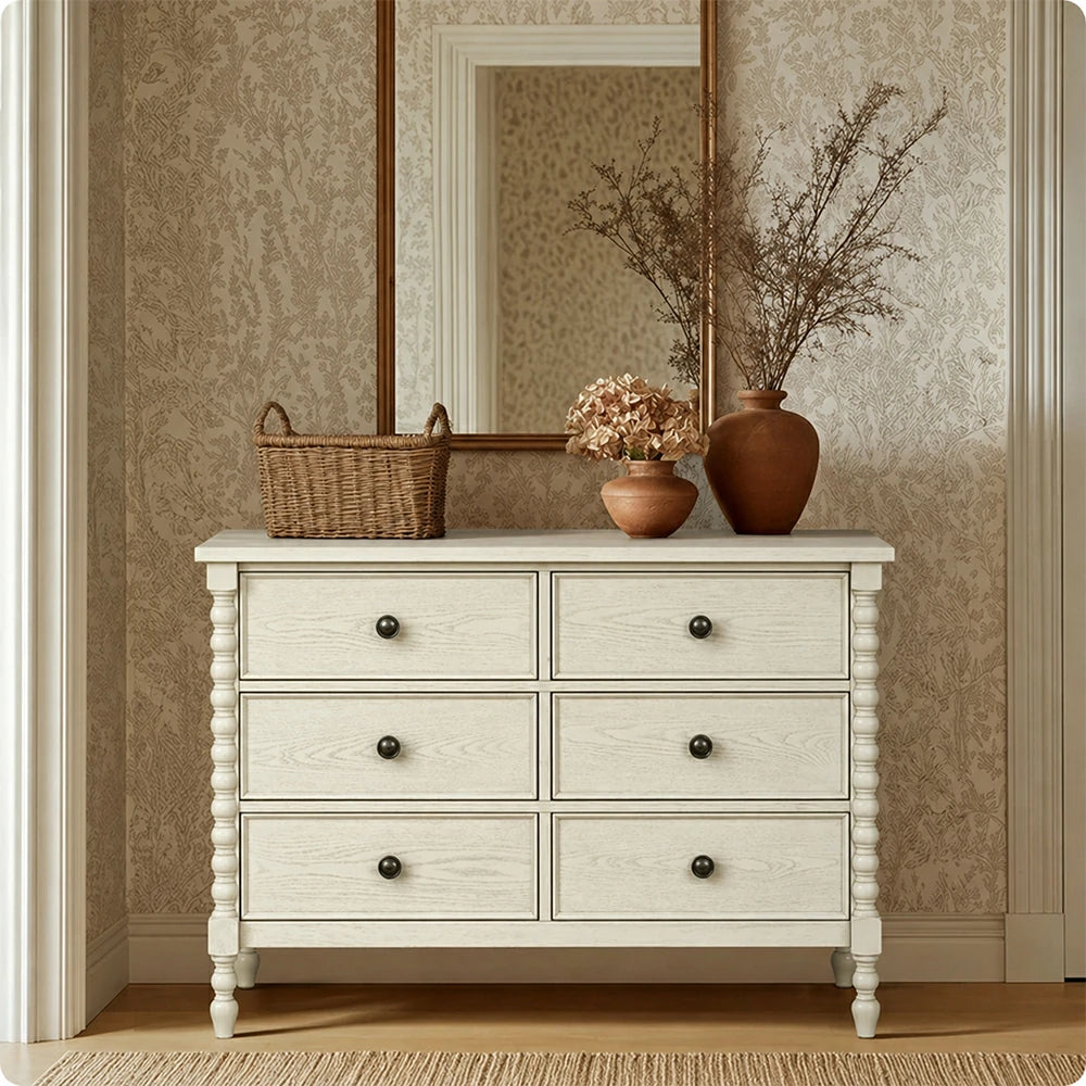 LUXORA French Vintage Solid Wood 6-Drawer Chest - 110cm Bedroom Entryway Storage Cabinet - White