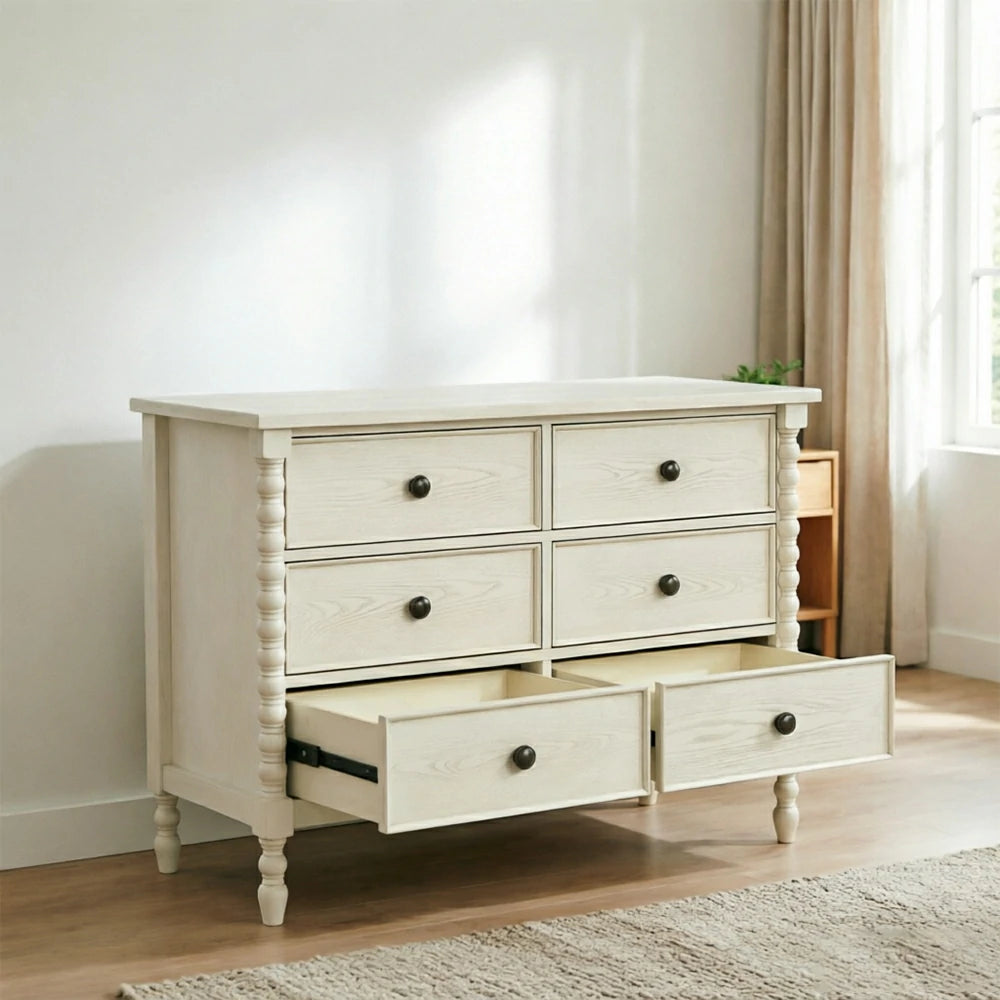 LUXORA French Vintage Solid Wood 6-Drawer Chest - 110cm Bedroom Entryway Storage Cabinet - White