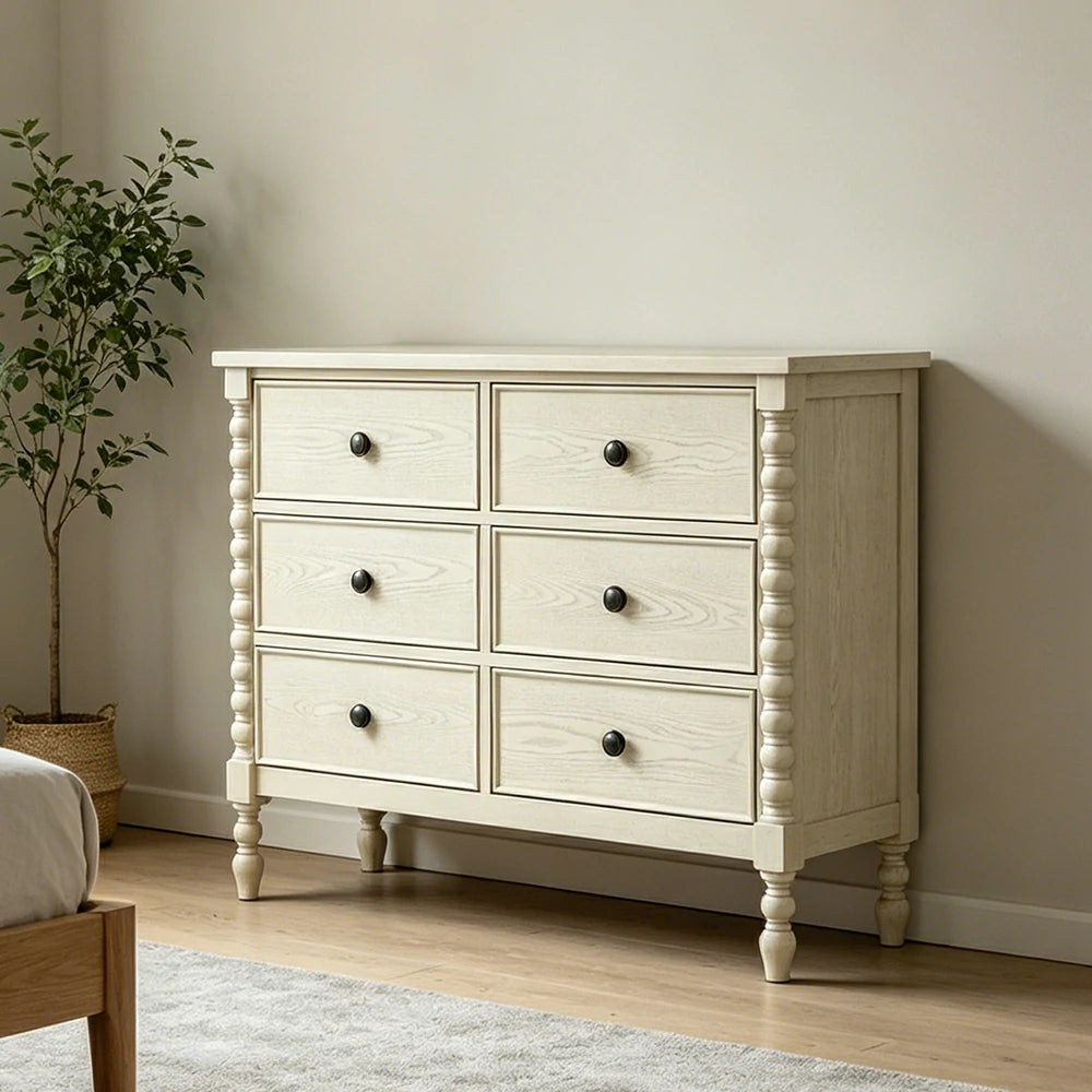 LUXORA French Vintage Solid Wood 6-Drawer Chest - 110cm Bedroom Entryway Storage Cabinet - White