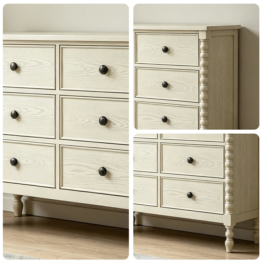 LUXORA French Vintage Solid Wood 6-Drawer Chest - 110cm Bedroom Entryway Storage Cabinet - White