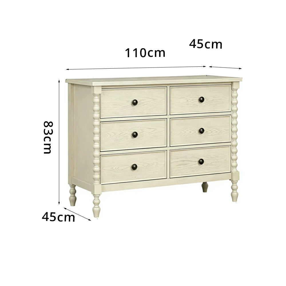 LUXORA French Vintage Solid Wood 6-Drawer Chest - 110cm Bedroom Entryway Storage Cabinet - White