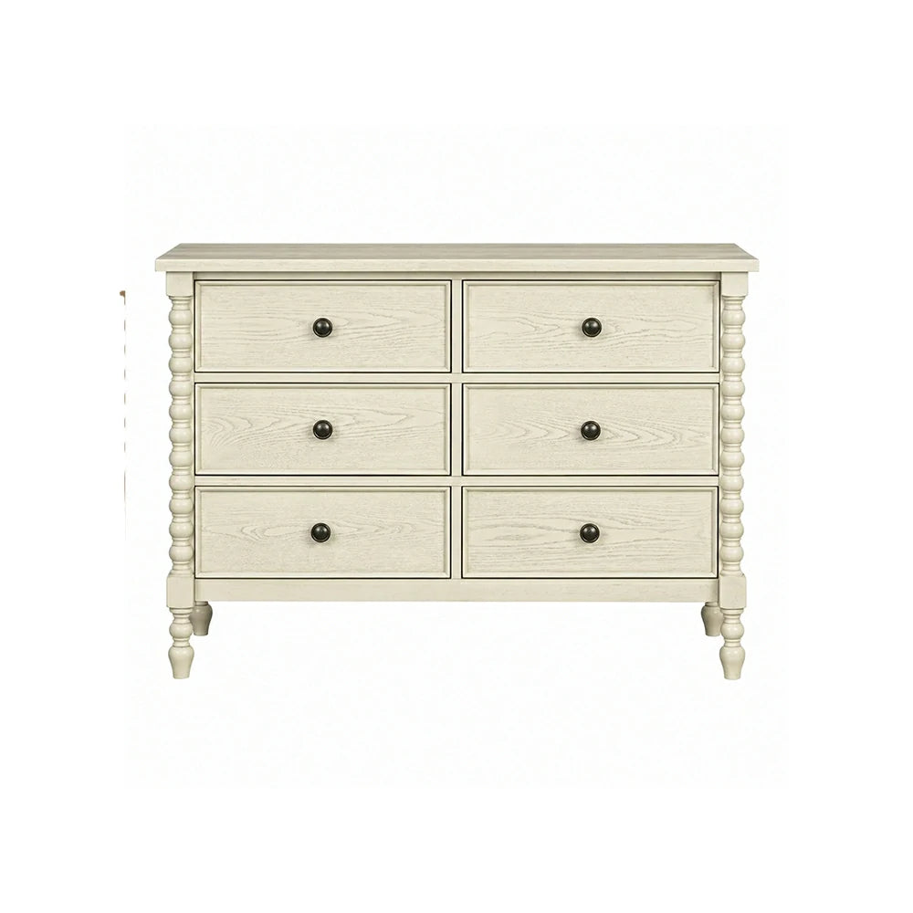 LUXORA French Vintage Solid Wood 6-Drawer Chest - 110cm Bedroom Entryway Storage Cabinet - White