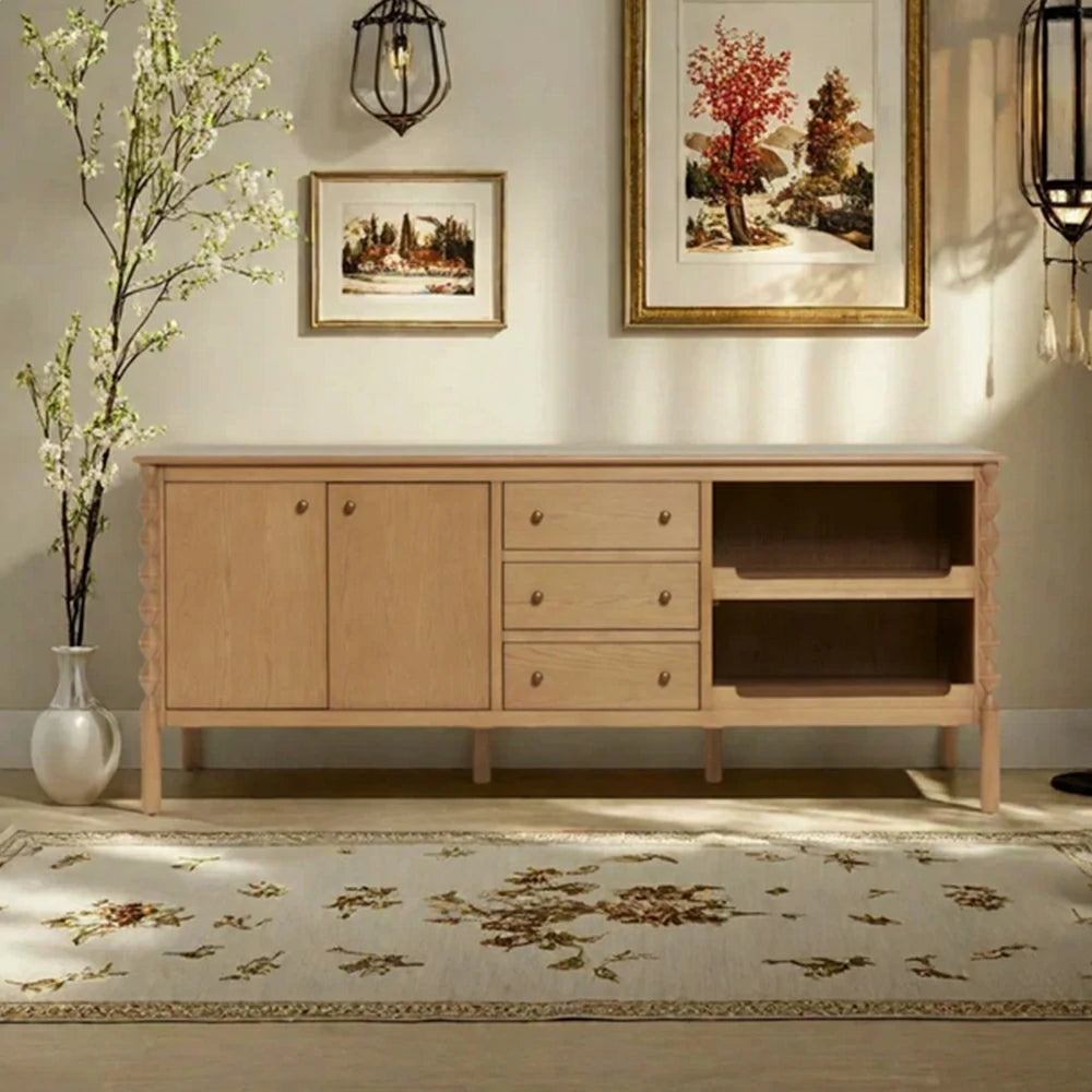 LUXORA French Natural Solid Wood Sideboard with Drawers - 190cm Dining Room Storage Cabinet - Natural Wood