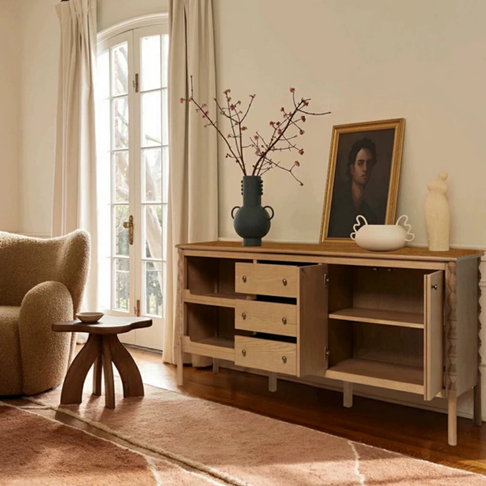 LUXORA French Natural Solid Wood Sideboard with Drawers - 190cm Dining Room Storage Cabinet - Natural Wood