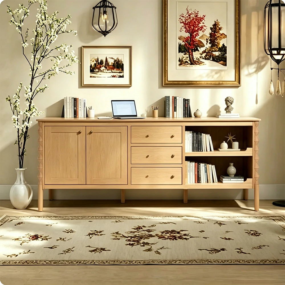 LUXORA French Natural Solid Wood Sideboard with Drawers - 190cm Dining Room Storage Cabinet - Natural Wood