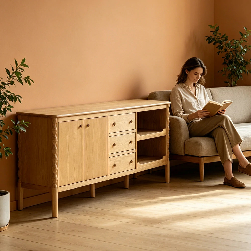 LUXORA French Natural Solid Wood Sideboard with Drawers - 190cm Dining Room Storage Cabinet - Natural Wood