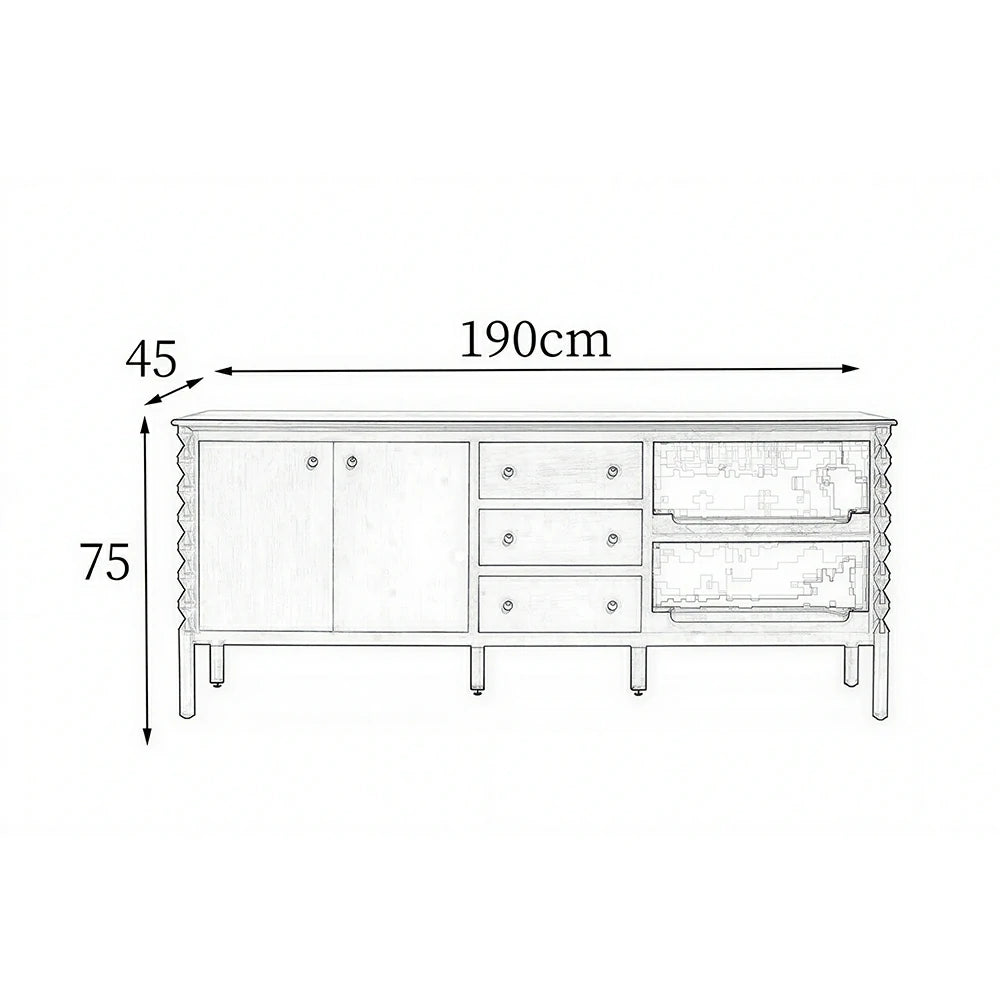 LUXORA French Natural Solid Wood Sideboard with Drawers - 190cm Dining Room Storage Cabinet - Natural Wood