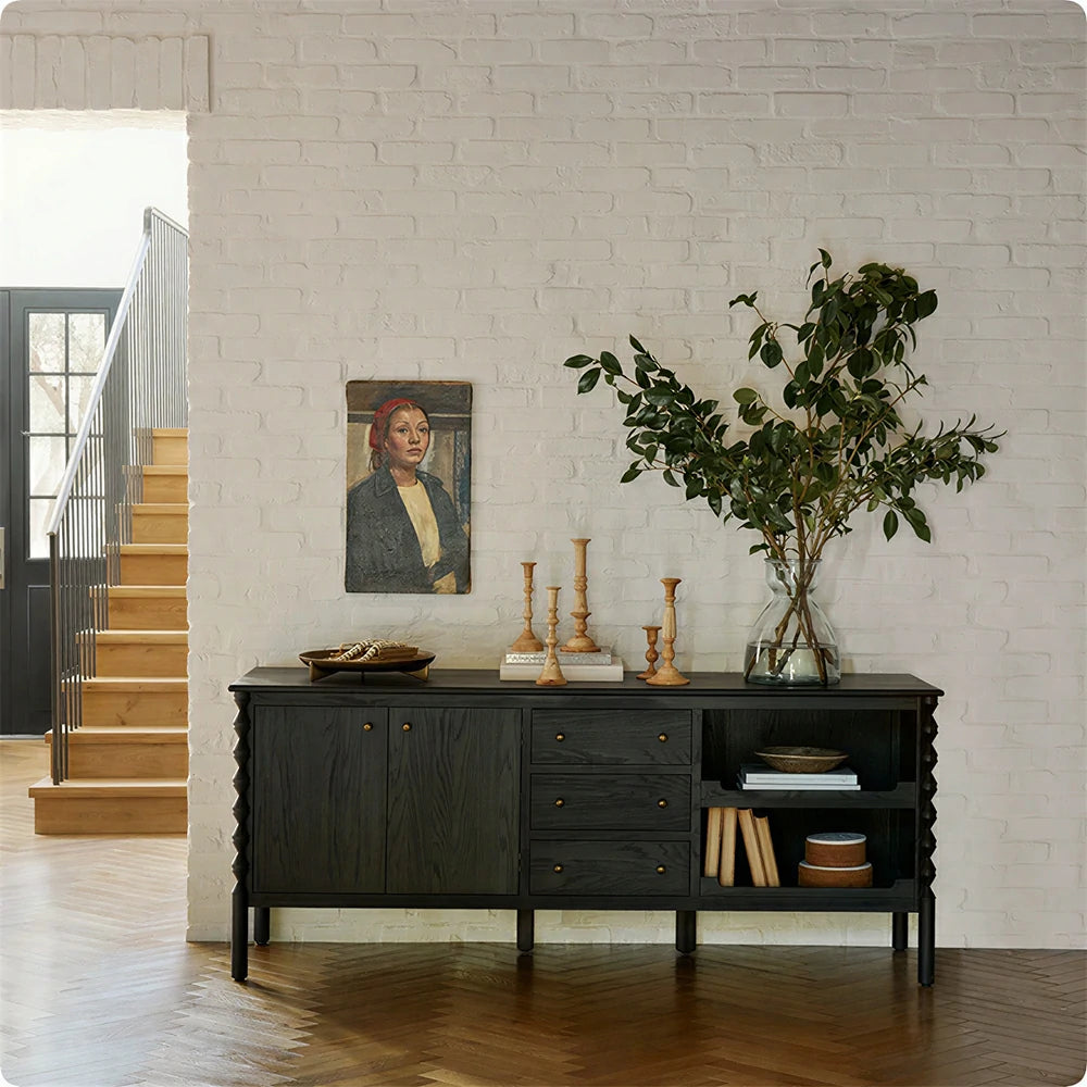 LUXORA French Natural Solid Wood Sideboard with Drawers - 190cm Dining Room Storage Cabinet - Black