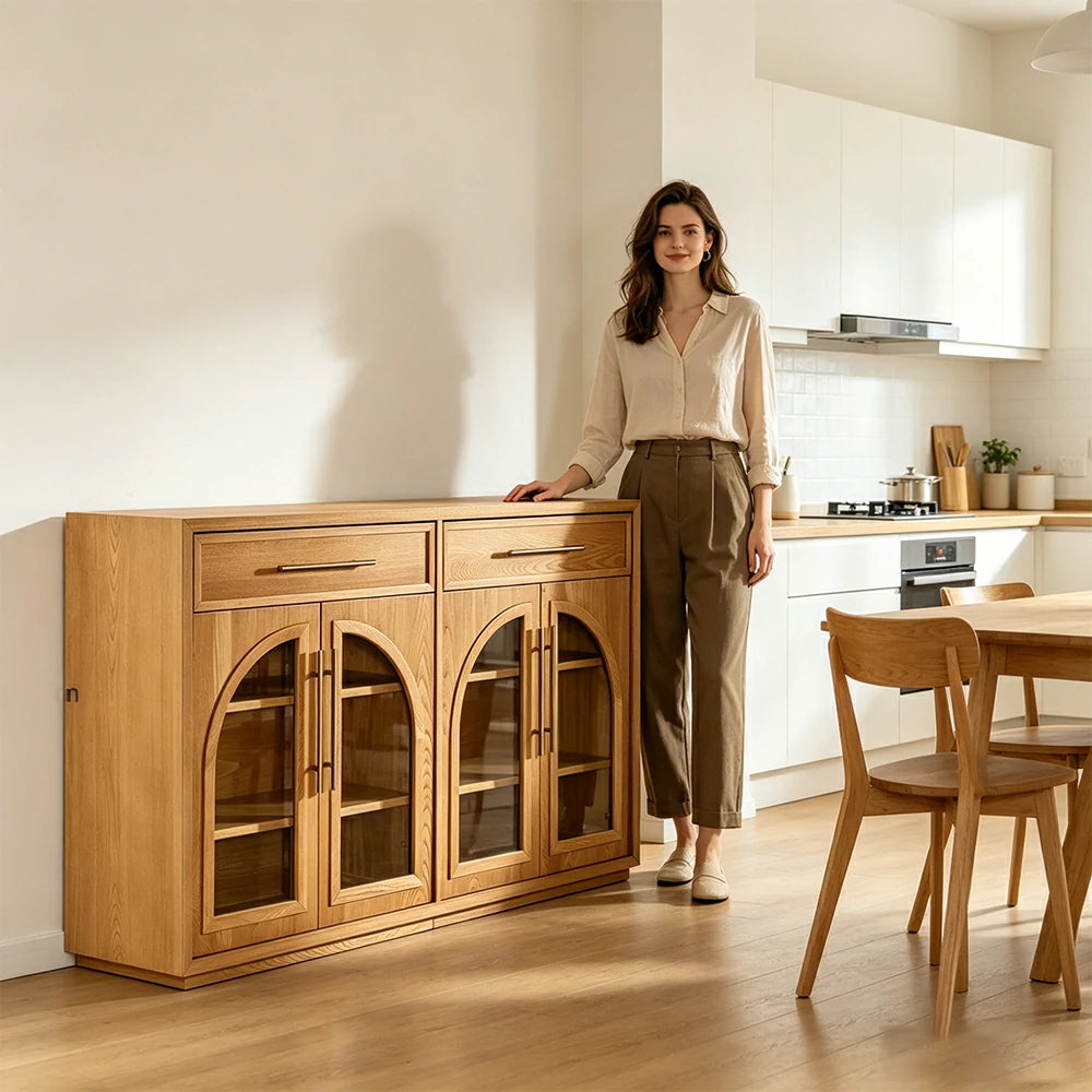 LUXORA French Vintage Solid Wood Sideboard - 160cm Glass Door Dining Room Storage Cabinet - Natural Wood
