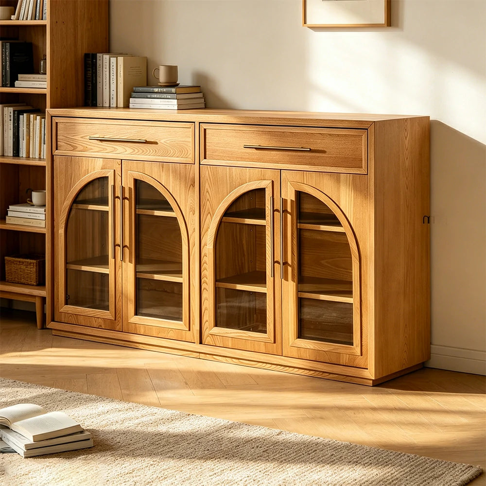 LUXORA French Vintage Solid Wood Sideboard - 160cm Glass Door Dining Room Storage Cabinet - Natural Wood