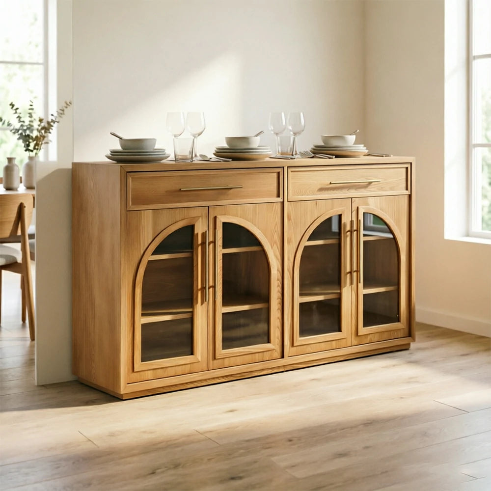 LUXORA French Vintage Solid Wood Sideboard - 160cm Glass Door Dining Room Storage Cabinet - Natural Wood