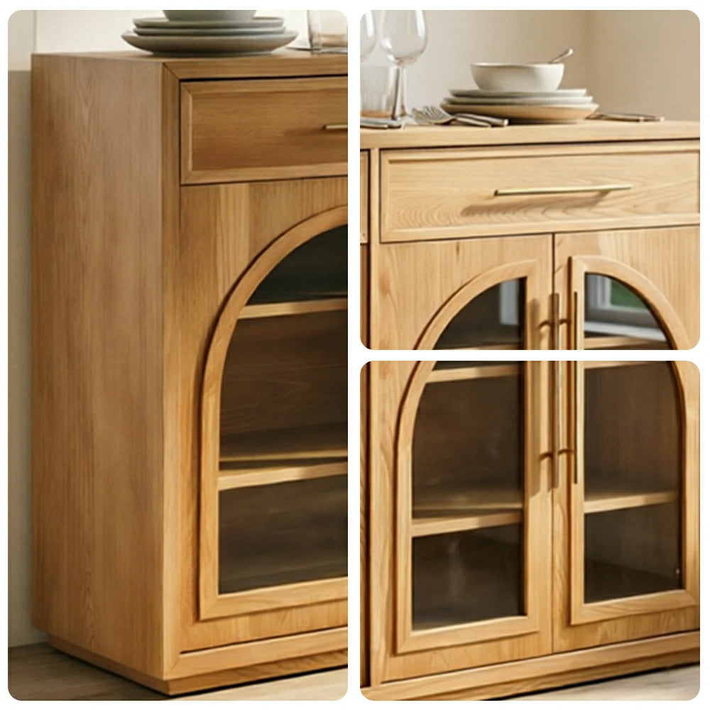 LUXORA French Vintage Solid Wood Sideboard - 160cm Glass Door Dining Room Storage Cabinet - Natural Wood