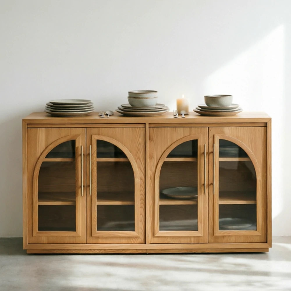 LUXORA French Vintage Solid Wood Sideboard - 160cm Glass Door Dining Room Storage Cabinet - Natural Wood