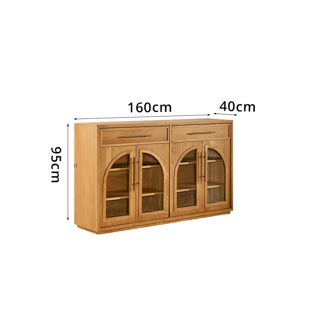 LUXORA French Vintage Solid Wood Sideboard - 160cm Glass Door Dining Room Storage Cabinet - Natural Wood