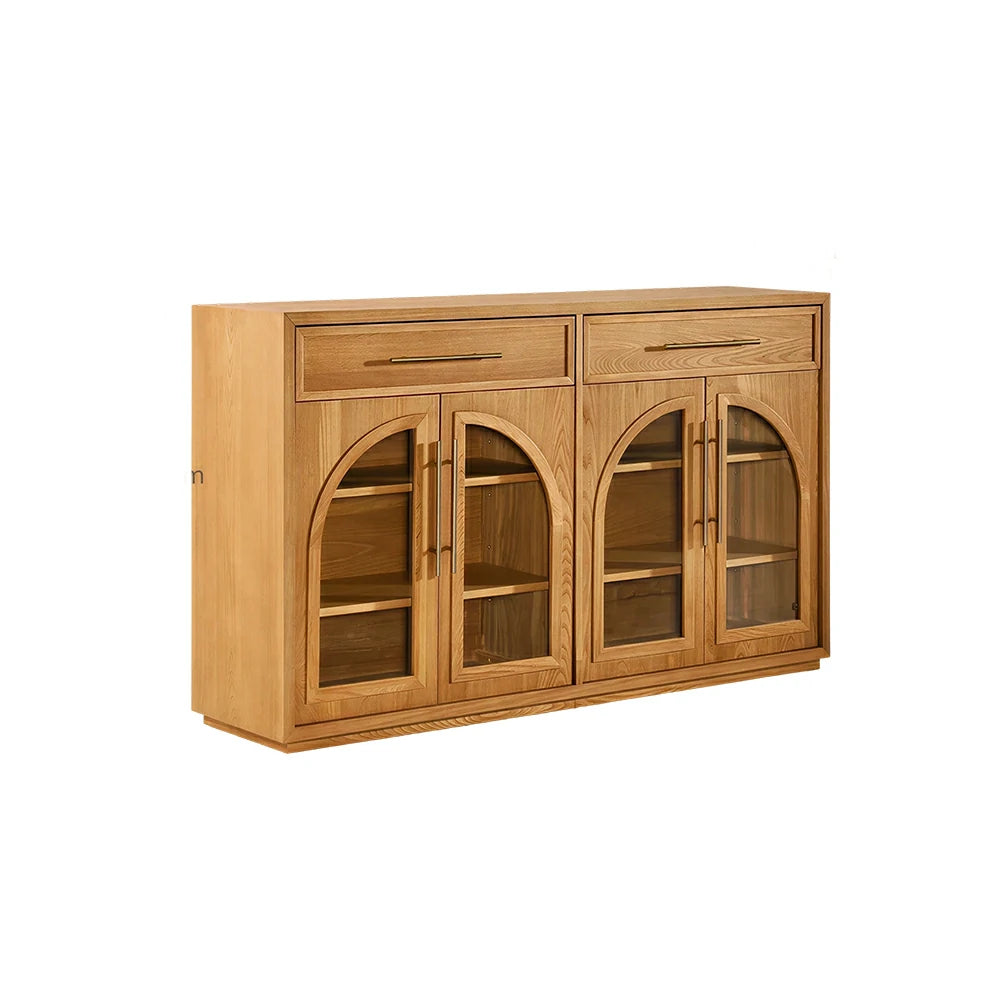 LUXORA French Vintage Solid Wood Sideboard - 160cm Glass Door Dining Room Storage Cabinet - Natural Wood