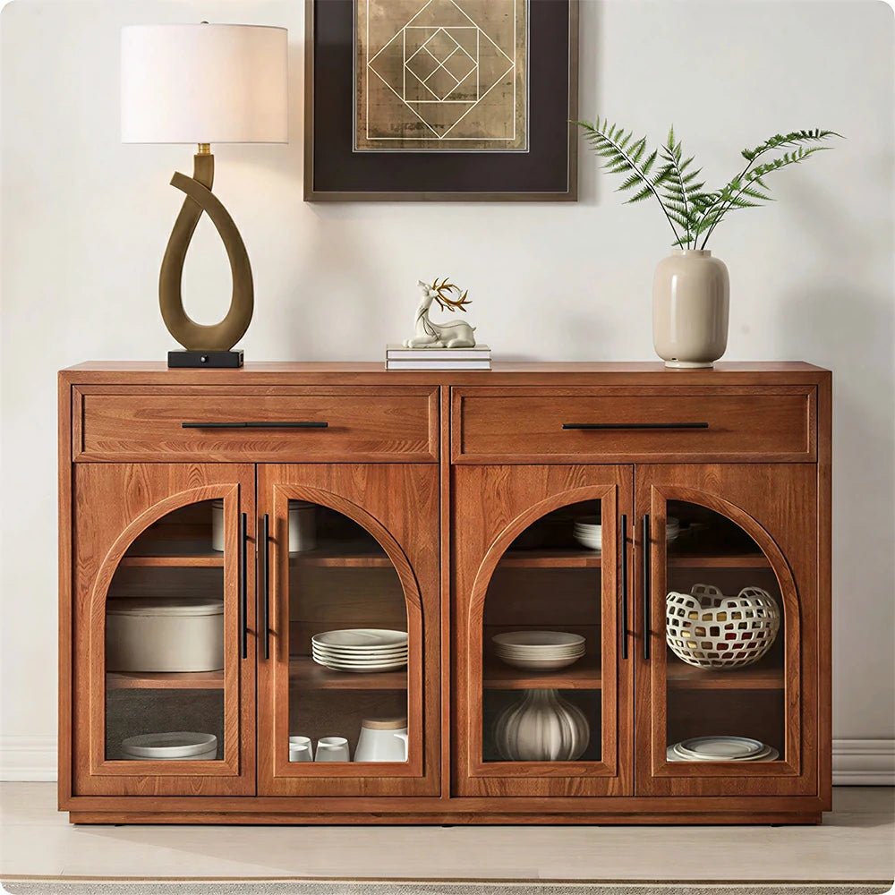 LUXORA French Vintage Solid Wood Sideboard - 160cm Glass Door Dining Room Storage Cabinet - Walnut