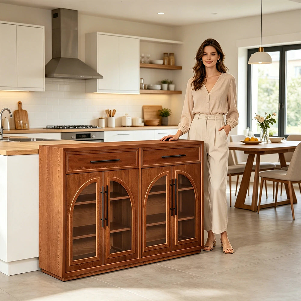 LUXORA French Vintage Solid Wood Sideboard - 160cm Glass Door Dining Room Storage Cabinet - Walnut