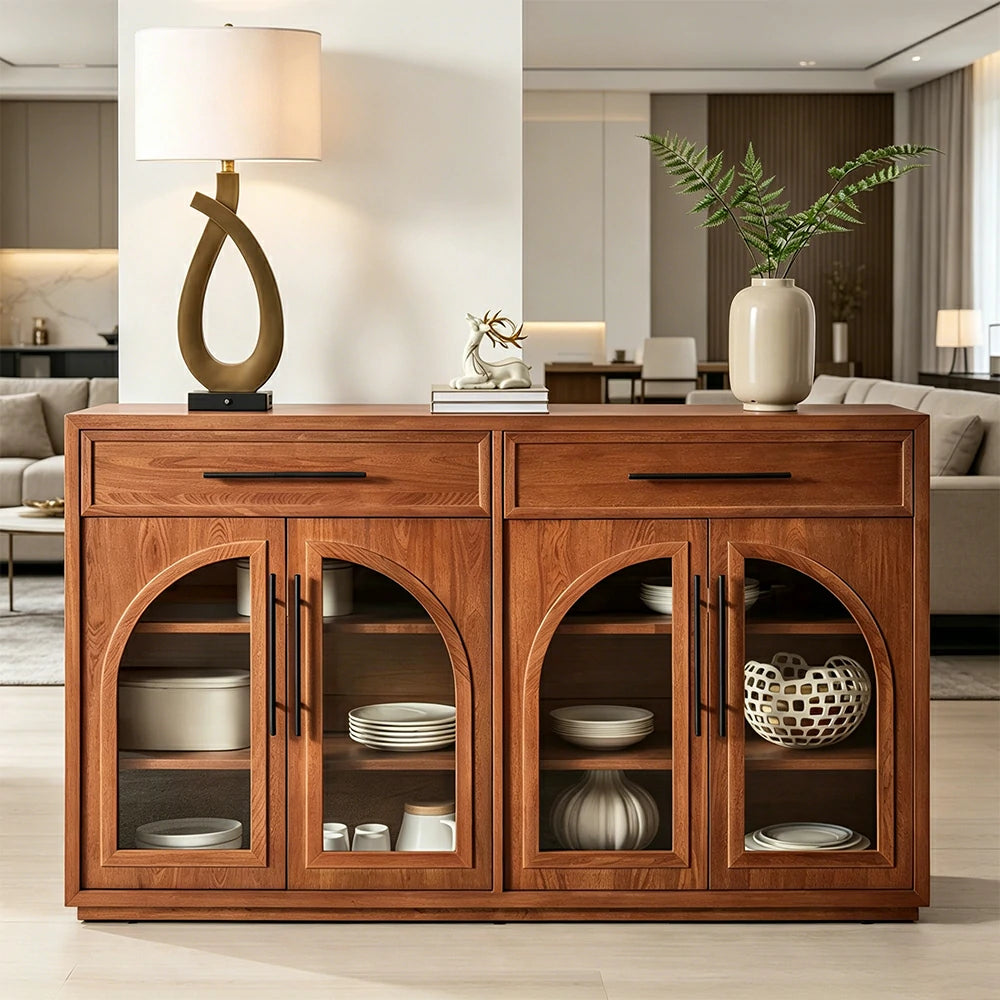 LUXORA French Vintage Solid Wood Sideboard - 160cm Glass Door Dining Room Storage Cabinet - Walnut