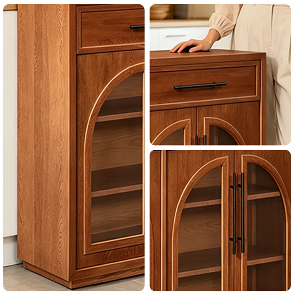 LUXORA French Vintage Solid Wood Sideboard - 160cm Glass Door Dining Room Storage Cabinet - Walnut