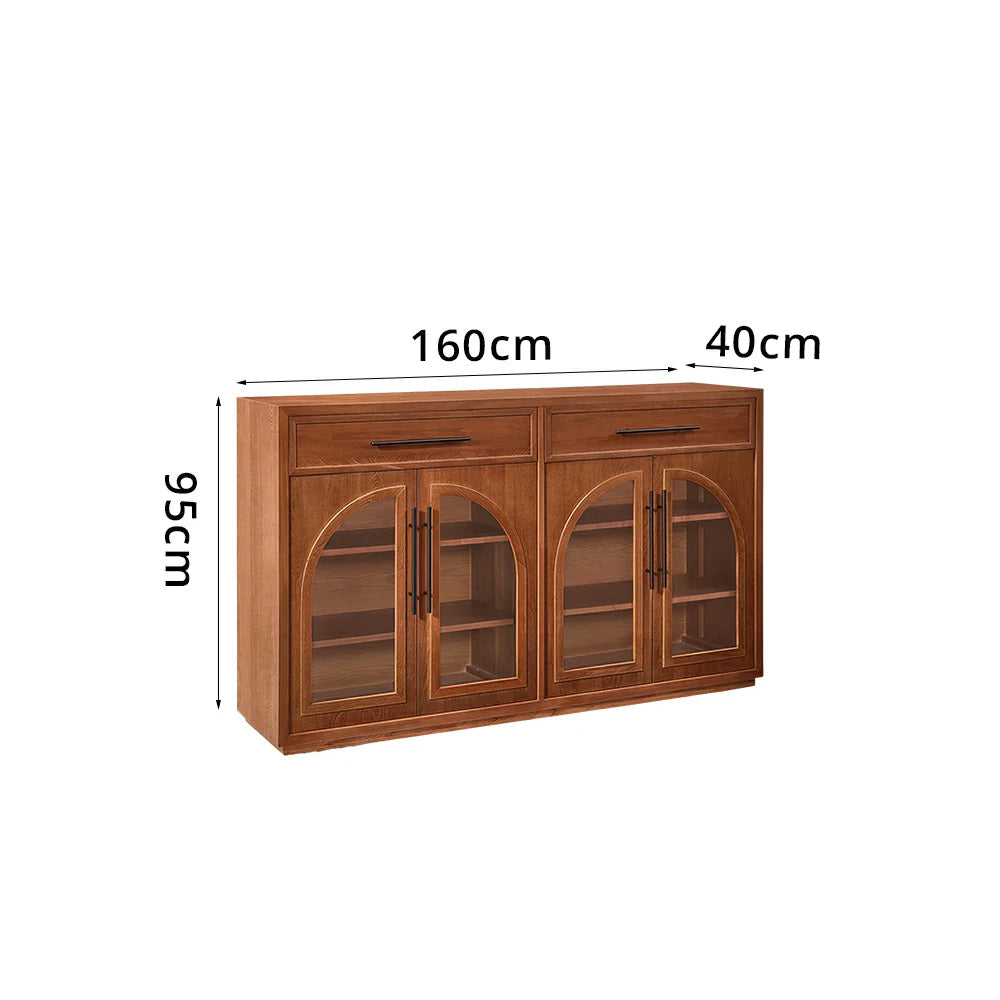 LUXORA French Vintage Solid Wood Sideboard - 160cm Glass Door Dining Room Storage Cabinet - Walnut