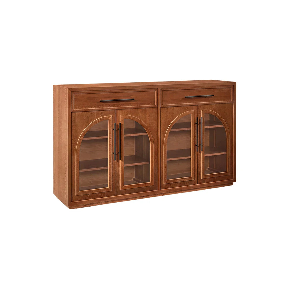 LUXORA French Vintage Solid Wood Sideboard - 160cm Glass Door Dining Room Storage Cabinet - Walnut
