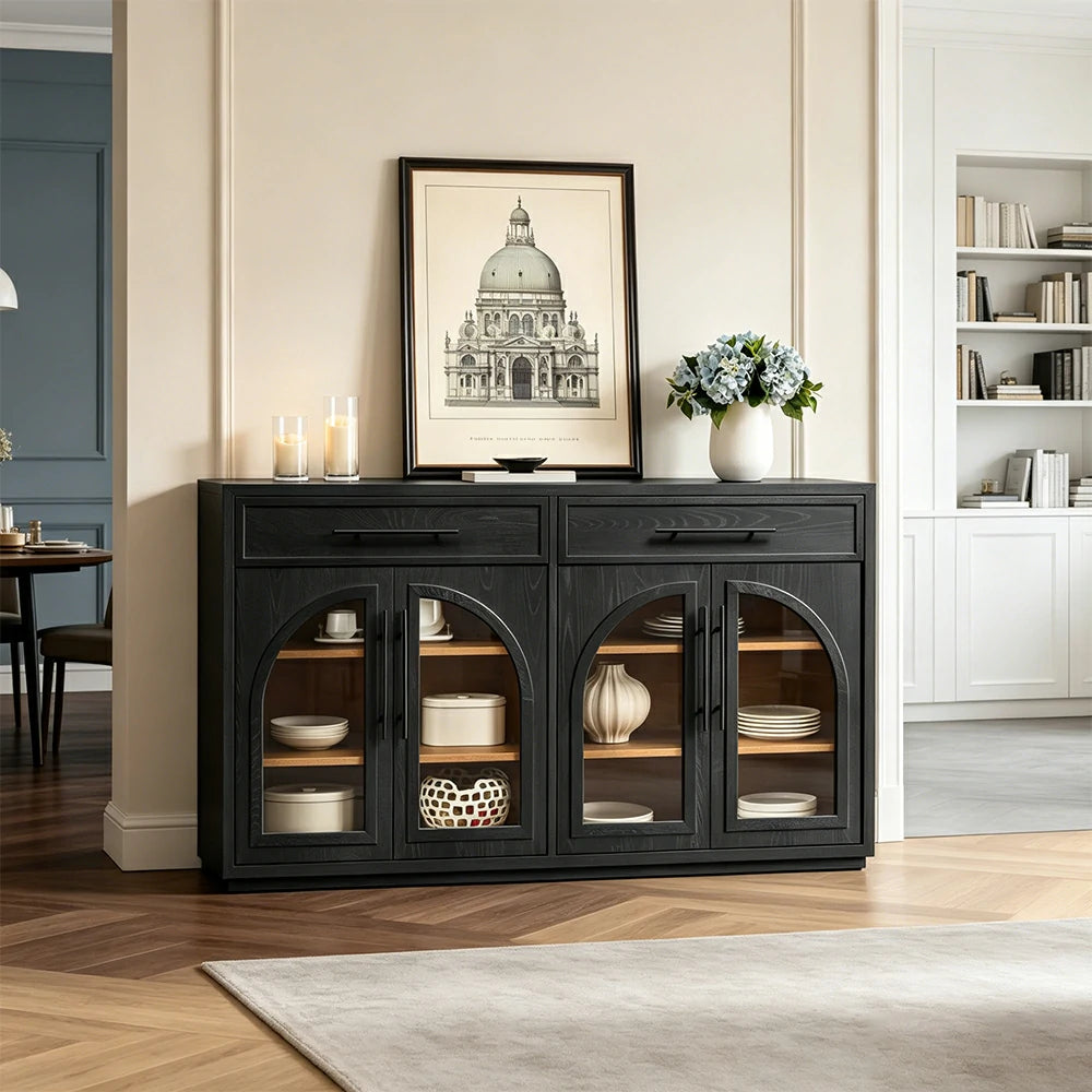 LUXORA French Vintage Solid Wood Sideboard - 160cm Glass Door Dining Room Storage Cabinet - Black
