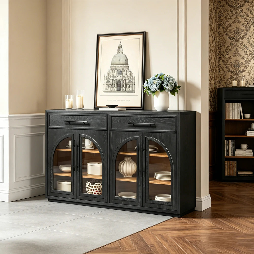 LUXORA French Vintage Solid Wood Sideboard - 160cm Glass Door Dining Room Storage Cabinet - Black