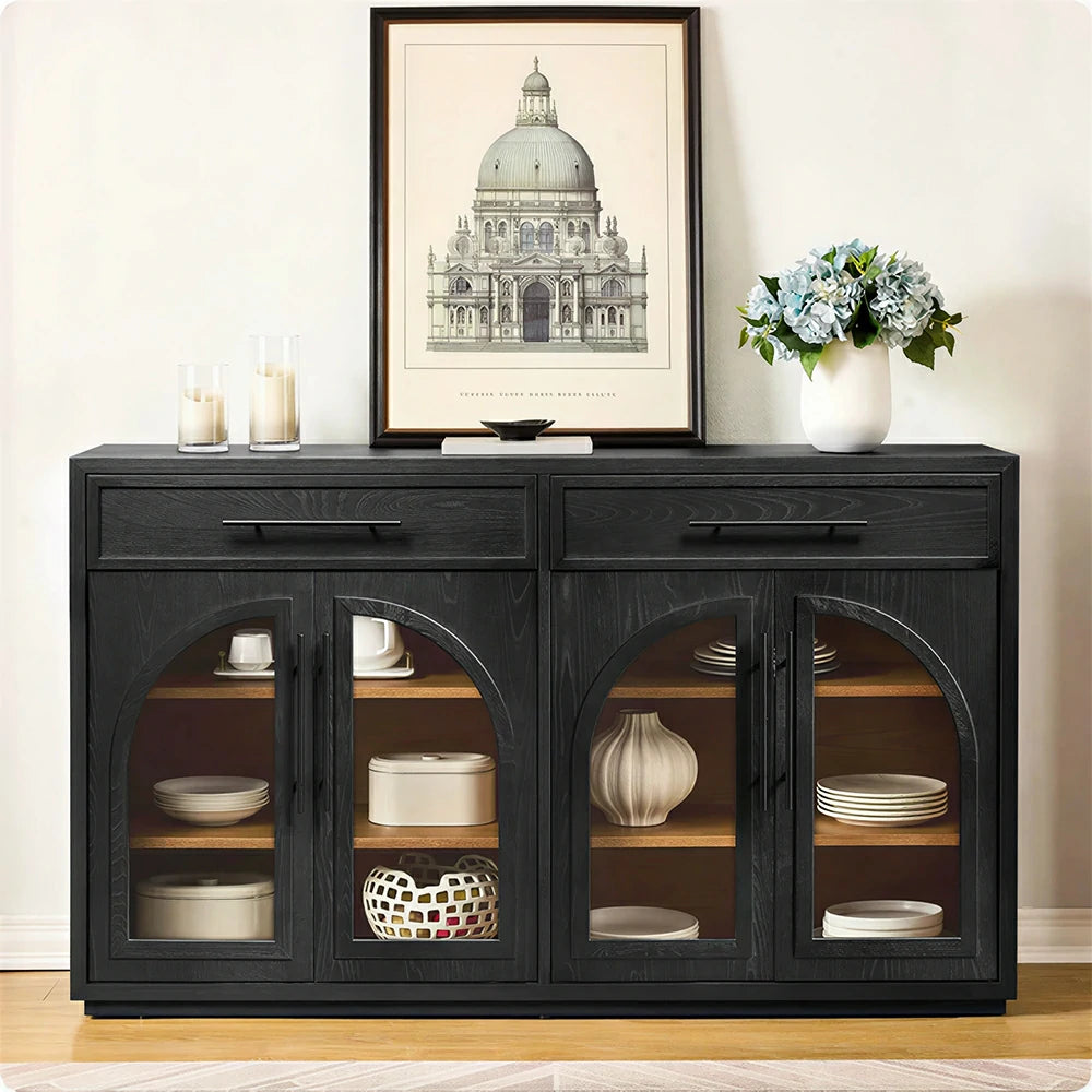 LUXORA French Vintage Solid Wood Sideboard - 160cm Glass Door Dining Room Storage Cabinet - Black