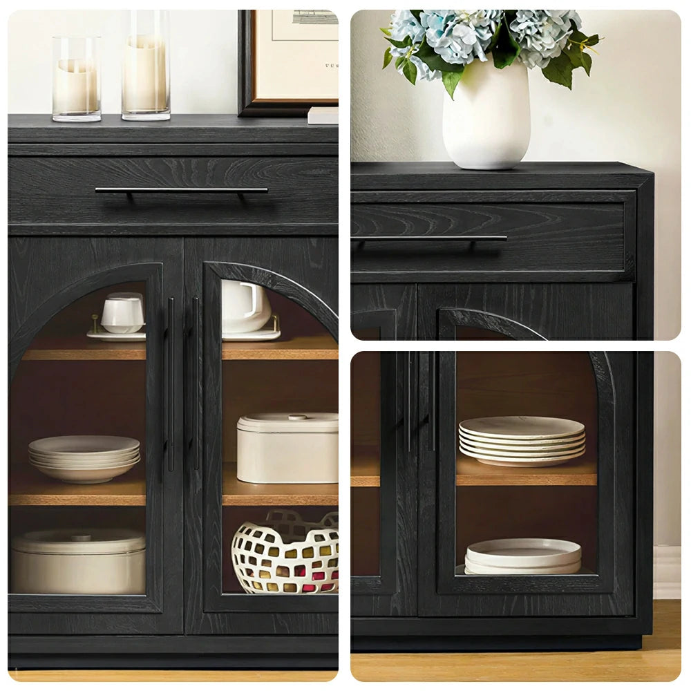 LUXORA French Vintage Solid Wood Sideboard - 160cm Glass Door Dining Room Storage Cabinet - Black