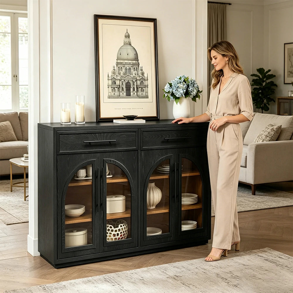 LUXORA French Vintage Solid Wood Sideboard - 160cm Glass Door Dining Room Storage Cabinet - Black
