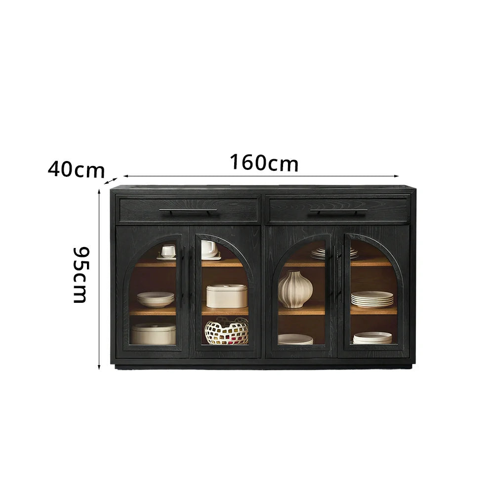 LUXORA French Vintage Solid Wood Sideboard - 160cm Glass Door Dining Room Storage Cabinet - Black