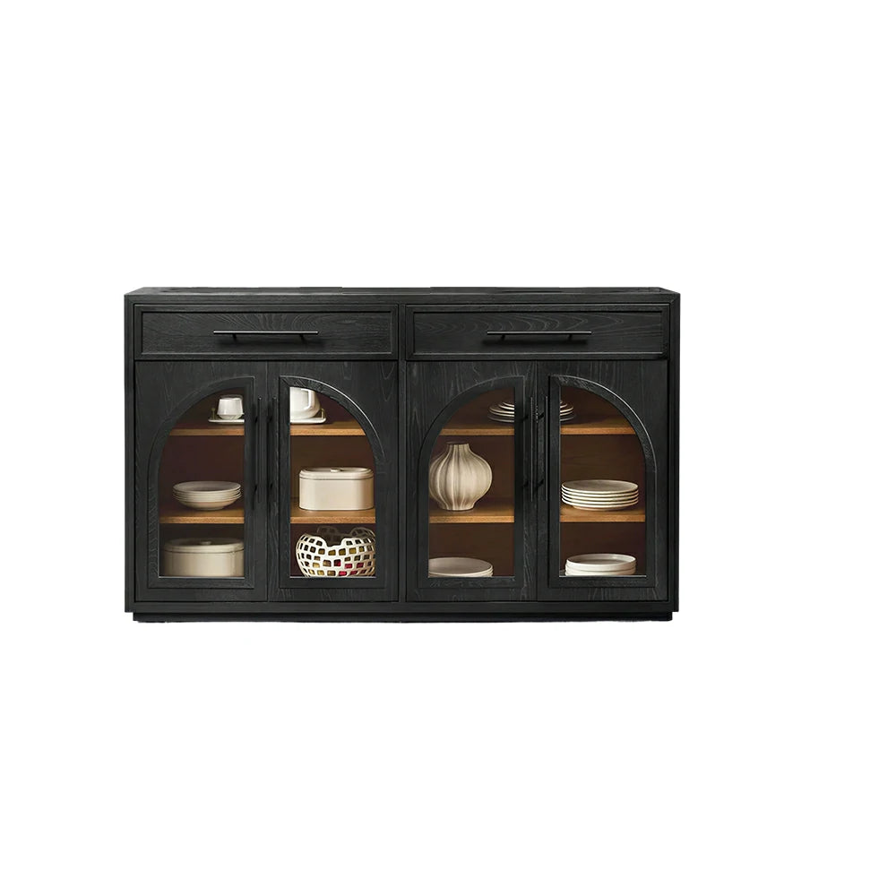 LUXORA French Vintage Solid Wood Sideboard - 160cm Glass Door Dining Room Storage Cabinet - Black