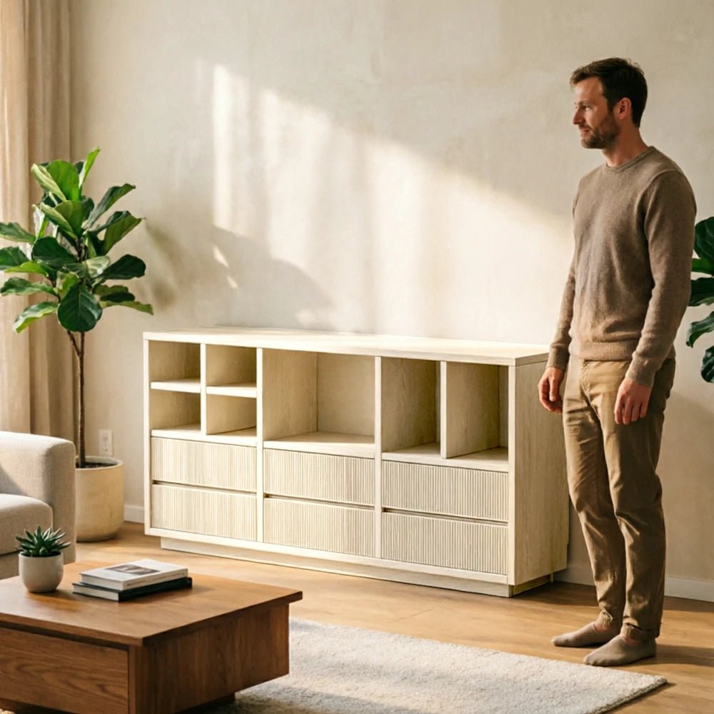 LUXORA Solid Wood Combination Cabinet FAS Rubber Wood Multi Zone Storage for Living Room Kids Room & Study - White
