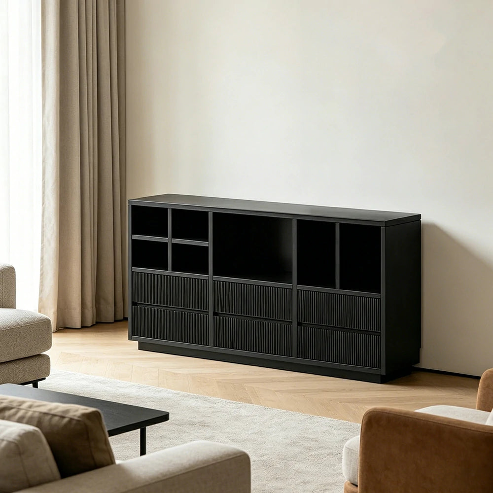 LUXORA Solid Wood Combination Cabinet FAS Rubber Wood Multi Zone Storage for Living Room Kids Room & Study - Black