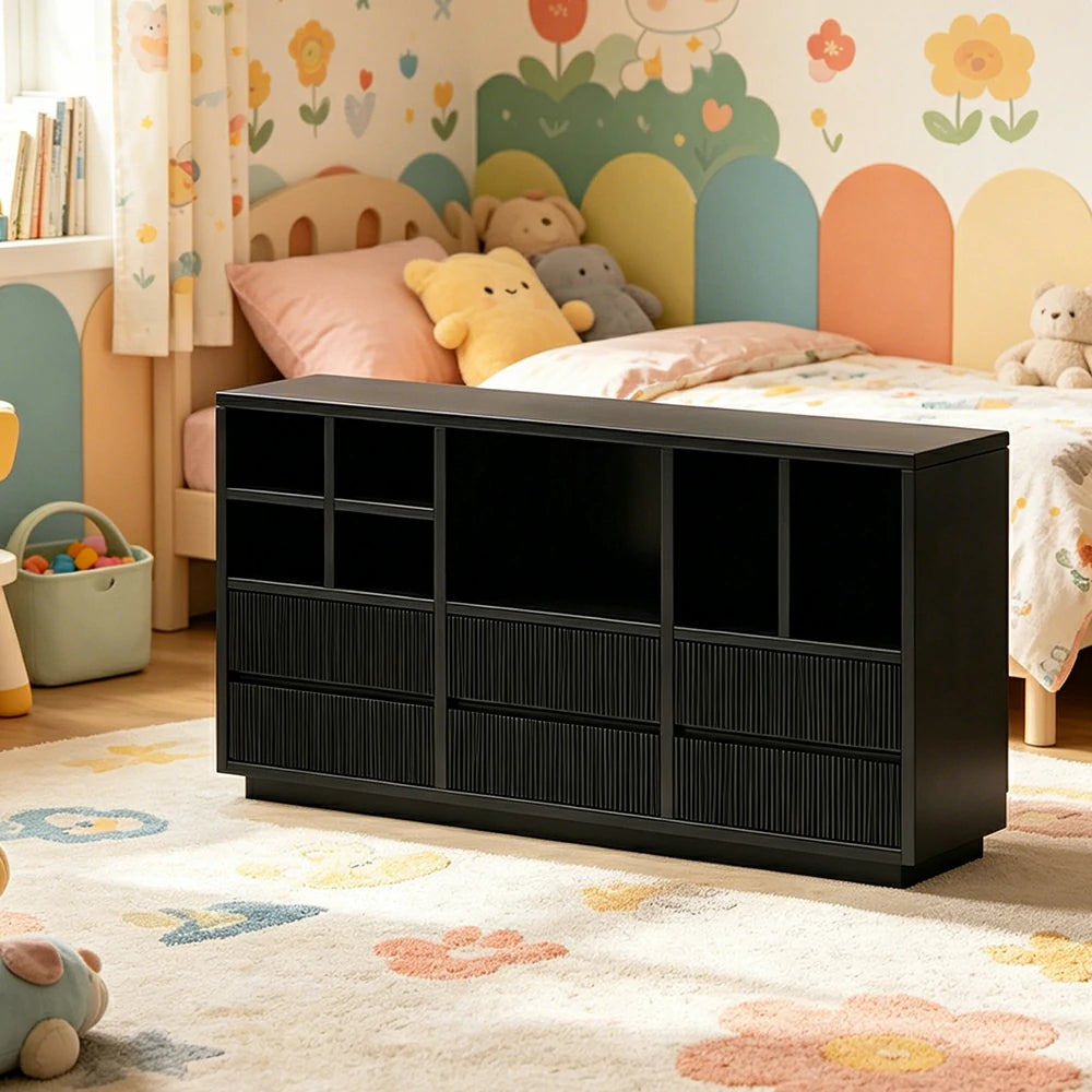 LUXORA Solid Wood Combination Cabinet FAS Rubber Wood Multi Zone Storage for Living Room Kids Room & Study - Black